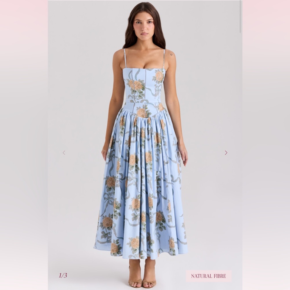 House of CB Ysabella Blue Vintage Rose Print Cotton Midi Sundress medium